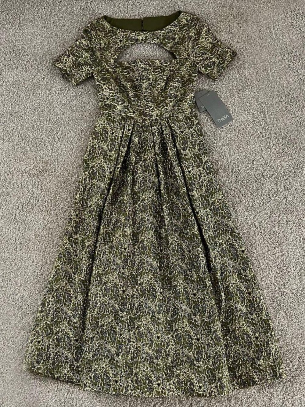 Theia Natasha Tea Length Gown Cutout Jacquard Gold Floral Formal Size 0 - Picture 3 of 9